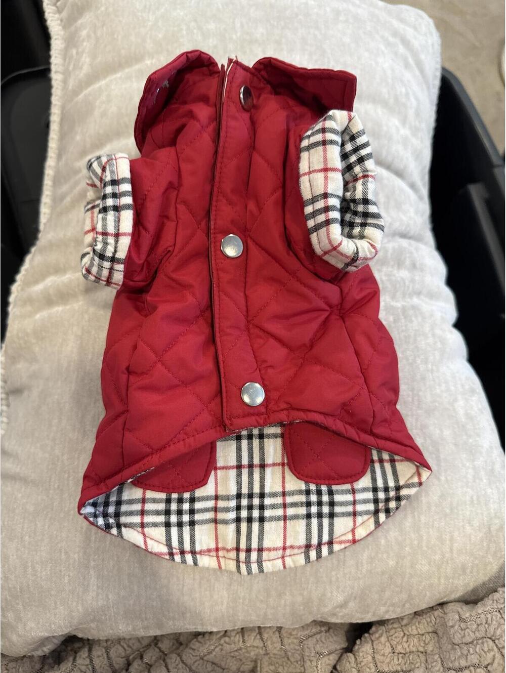 Reversible Red & Plaid Quilted Dog Jacket with Hood and Snap Closure